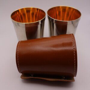 Vintage Set of Two(2) Stacking Stirrup Cups with Top Grain Cowhide Leather Case